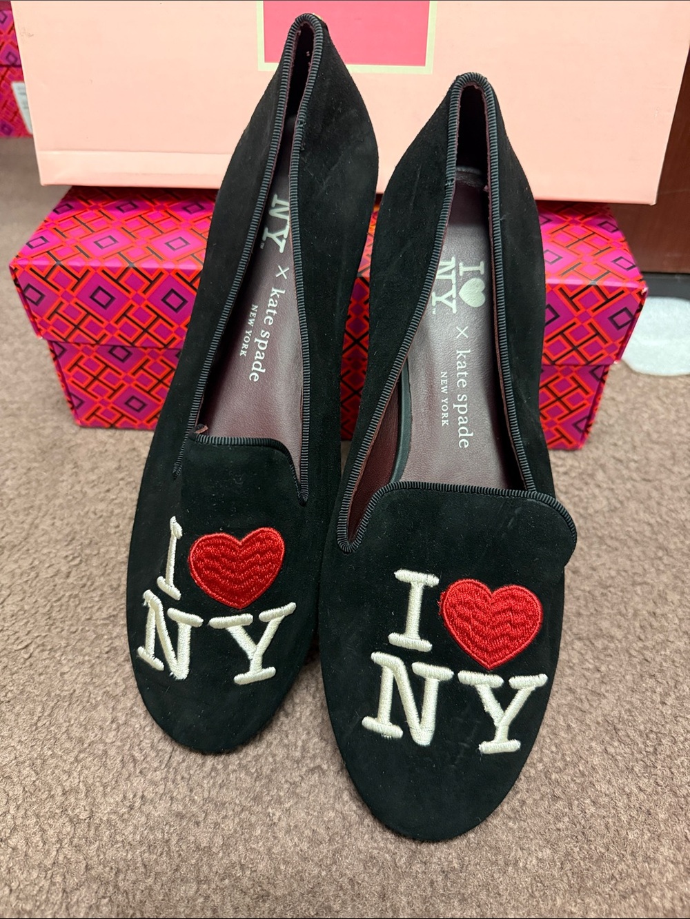 kate spade Black Suede 'I ♥ NY' Embroidered Loafers